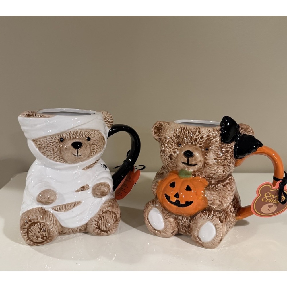 Creepy Critters Halloween Teddy Bear Mugs Mummy and Ghost Holding Pumpkin. New